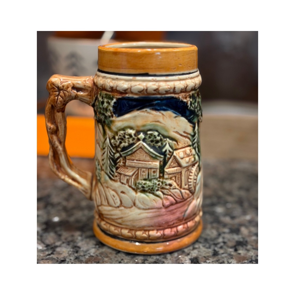 Vintage German Style Ceramic Beer Stein‎ Tavern Scene Relief Mug Brown Blue 5in
